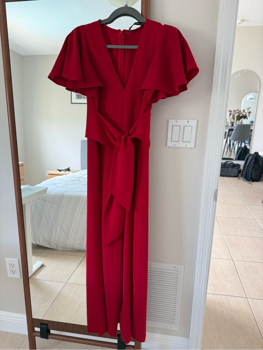 Zara Elegant V-Neck Red jumpsuit with Tie Waist
